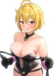 Rule 34 | 1girl, absurdres, ahoge, b1ack illust, bare shoulders, black gloves, black leotard, blonde hair, bondage outfit, breast tattoo, breasts, cleavage, collar, collarbone, commentary, crossed bangs, dominatrix, foreshortening, gloves, groin, hair between eyes, hair flaps, heart, heart tattoo, highleg, highleg leotard, highres, holding, holding whip, ibuki tsubasa, idolmaster, idolmaster million live!, large breasts, leotard, licking lips, looking at viewer, metal collar, purple eyes, short hair, solo, strapless, strapless leotard, tattoo, tongue, tongue out, whip