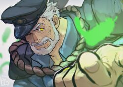 Rule 34 | 1boy, amu (omoro3bot), bara, beard, blue shirt, blurry, blurry foreground, collared shirt, commentary, facial hair, feathers, glowing feather, green feathers, grey background, grey hair, grin, hat, highres, hogen (housamo), jacket, jacket on shoulders, male focus, muscular, muscular male, mustache, old, old man, one eye closed, outline, outstretched hand, police, police hat, police uniform, policeman, shirt, short hair, signature, smile, solo, thick eyebrows, tokyo houkago summoners, uniform, upper body, white outline, yellow eyes