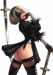 Rule 34 | 1girl, ass, black blindfold, black dress, black footwear, black gloves, black hairband, black thighhighs, blindfold, bob cut, boots, closed mouth, covered eyes, dress, feather-trimmed sleeves, from side, gloves, hairband, highleg, highleg leotard, highres, juliet sleeves, jungon kim, leotard, long sleeves, mole, mole under mouth, nier (series), nier:automata, pink lips, puffy sleeves, short hair, silver hair, simple background, solo, standing, sword, thigh boots, thighhighs, thighhighs under boots, twisted torso, weapon, white background, white leotard, 2b (nier:automata)