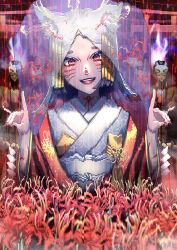 Rule 34 | 1girl, absurdres, animal ear fluff, animal ears, distortion, double fox shadow puppet, facepaint, facial mark, fangs, floral print, flower, flower request, fox ears, fox mask, fox shadow puppet, grey hair, head tilt, highres, japanese clothes, kimono, long hair, looking at viewer, mask, nail polish, nefula14, open mouth, original, parted bangs, red eyes, red flower, red nails, smile, solo focus, teeth, traditional youkai, upper body, white hair, white kimono, wide sleeves