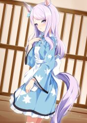Rule 34 | 1girl, absurdres, alternate costume, animal ears, apron, blush, breasts, commentary request, from side, hair ornament, highres, horse ears, horse girl, horse tail, looking at viewer, maid, mejiro mcqueen (umamusume), purple eyes, purple hair, small breasts, solo, sunny (20597521), tail, umamusume, wa maid