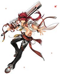 Rule 34 | 1boy, artist request, belt, black neckwear, black pants, bracelet, choker, closed mouth, coat, elsword, elsword (character), full body, hair over one eye, headband, holding, holding sword, holding weapon, jewelry, long hair, looking at viewer, male focus, necklace, official art, outstretched hand, over shoulder, pants, red eyes, red hair, rune master (elsword), shoes, smile, solo, sword, topless male, transparent background, weapon, white coat
