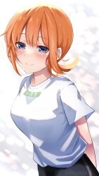 Rule 34 | 1girl, absurdres, alternate hairstyle, arms behind back, blue eyes, blush, breasts, closed mouth, clothes writing, commentary, cowboy shot, double-parted bangs, eyelashes, eyes visible through hair, go-toubun no hanayome, hair between eyes, half-closed eyes, happy, highres, htk you13, large breasts, looking at viewer, medium hair, nakano yotsuba, no headwear, no ribbon, orange hair, shirt, short sleeves, sidelocks, simple background, smile, solo, standing, twitter username, white shirt, wind, wind lift