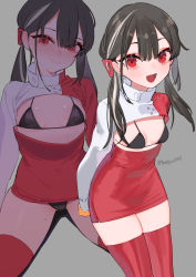 Rule 34 | 1girl, arms behind back, beijuu, beni-chan (beijuu), bikini, black bikini, black hair, breast cutout, breasts, closed mouth, gloves, grey background, hair between eyes, highres, long hair, long sleeves, looking at viewer, multicolored hair, multiple views, open mouth, original, red eyes, red thighhighs, simple background, small breasts, smile, streaked hair, swimsuit, thighhighs, twintails, white hair, yellow gloves