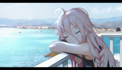 Rule 34 | 1girl, absurdres, andoplus, black border, black shirt, border, closed eyes, closed mouth, day, facing viewer, hair between eyes, highres, ia (vocaloid), leaning forward, lens flare, letterboxed, long hair, nail polish, ocean, off-shoulder shirt, off shoulder, outdoors, red nails, shirt, silver hair, solo, upper body, vocaloid