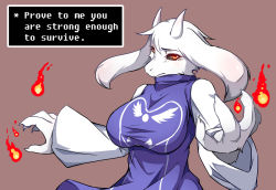 Rule 34 | 1girl, animal ears, black sclera, breasts, claws, colored sclera, dream demon, english text, fang, female focus, fire, furry, furry female, goat, goat ears, horns, large breasts, pixelated, red eyes, snout, solo, text focus, toriel, undertale, white hair