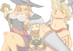 Rule 34 | 3girls, amazon (dragon&#039;s crown), armor, axe, bare shoulders, belt, bikini armor, blonde hair, boots, braid, breasts, brown hair, chibi, detached sleeves, dragon&#039;s crown, dress, elf, elf (dragon&#039;s crown), feathers, gloves, halberd, hat, large breasts, long hair, multiple girls, muscular, pointy ears, polearm, pooosong, shorts, side slit, sorceress (dragon&#039;s crown), staff, strapless, strapless dress, tattoo, twin braids, weapon, white hair, witch hat