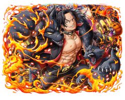 Rule 34 | abs, animal, black hair, coat, collar, dog, fire, jack-o&#039;-lantern, looking at viewer, official art, one piece, one piece treasure cruise, open clothes, open coat, pants, portgas d. ace