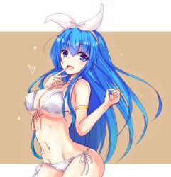 Rule 34 | 1girl, armband, bikini, blue eyes, blue hair, bow, breasts, cilfy, commentary request, finger to mouth, hair between eyes, hair bow, heart, highres, large breasts, long hair, looking at viewer, navel, original, side-tie bikini bottom, sidelocks, simple background, solo, string bikini, swimsuit, white bikini, white bow