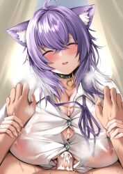 Rule 34 | 1girl, animal ears, arm grab, assertive female, blush, breasts, cat ears, choker, circussion, cleavage, closed eyes, covered erect nipples, cum, dress shirt, ejaculation between breasts, hololive, huge breasts, lying pov, nekomata okayu, nipples, open mouth, paizuri, paizuri under clothes, penis, pov, purple eyes, purple hair, see-through, shirt, tongue, tongue out, uncensored, virtual youtuber