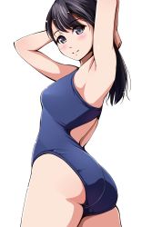Rule 34 | 1girl, armpits, arms behind head, arms up, ass, bare arms, bare shoulders, black hair, blue one-piece swimsuit, competition swimsuit, cowboy shot, eyebrows, from behind, grey eyes, highres, light smile, long hair, looking at viewer, looking back, matsunaga kouyou, one-piece swimsuit, original, parted lips, shiny skin, simple background, solo, standing, swimsuit, teeth, thighs, white background