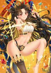 Rule 34 | 1girl, armlet, asymmetrical legwear, asymmetrical sleeves, blush, breasts, brown hair, closed mouth, crown, earrings, fate/grand order, fate (series), gem, gold trim, heavenly boat maanna, highres, hoop earrings, ishtar (fate), jewelry, large breasts, long hair, looking at viewer, navel, neck ring, parted bangs, pointing, pointing at viewer, red eyes, single sleeve, single thighhigh, smile, sparkle, strapless, thighhighs, tiara, tube top, two side up, uneven legwear, uneven sleeves, villyane, weapon, yellow background
