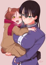 Rule 34 | 1boy, 1girl, age difference, animal ears, artist name, belt, belt pouch, black hair, blush, breasts, breath, brown coat, carrying, child, coat, commentary request, earrings, fangs, green eyes, hair between eyes, highres, hug, jewelry, large breasts, noah (onna kishi to kemonomimi no ko), olivia (onna kishi to kemomimi no ko), onna kishi to kemomimi no ko, open mouth, original, pink background, pouch, purple coat, scarf, simple background, stud earrings, tail, teeth, turbo engine (rakugaki tabo), yellow eyes