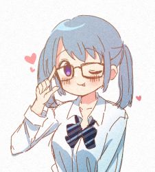 Rule 34 | 1girl, ;p, adjusting eyewear, arm at side, bespectacled, blue bow, blue bowtie, blue hair, blush, bow, bowtie, diagonal-striped bow, diagonal-striped bowtie, diagonal-striped clothes, dot nose, glasses, heart, janomiya school uniform, kasane ao, long sleeves, loose bowtie, magia record: mahou shoujo madoka magica gaiden, mahou shoujo madoka magica, medium hair, one eye closed, partially unbuttoned, ruru (rurumagi), school uniform, shirt, sidelocks, simple background, smile, solo, striped clothes, swept bangs, tongue, tongue out, twintails, upper body, white background, white shirt