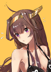 Rule 34 | 1girl, absurdres, ahoge, armpits, bare shoulders, bikini, black bikini, blush, breasts, brown hair, cleavage, closed mouth, hair bun, headgear, highres, kantai collection, kongou (kancolle), long hair, looking away, looking to the side, medium breasts, motion lines, pleasure mussel, pouty lips, purple eyes, shiny skin, simple background, single hair bun, sweatdrop, swimsuit, upper body, yellow background