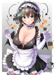 Rule 34 | 1girl, apron, bare shoulders, black dress, breasts, cleavage, collarbone, covered erect nipples, demon tail, dress, elbow gloves, frilled apron, frilled dress, frilled gloves, frills, gloves, highres, maid, medium breasts, mokufuu, original, sleeveless, sleeveless dress, solo, tail, twitter username, waist apron, white apron, white gloves