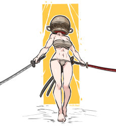 Rule 34 | 1girl, abs, artist name, bare shoulders, barefoot, breasts, chinese commentary, cleavage, commentary request, covered face, dual wielding, elden ring, full body, fundoshi, genderswap, genderswap (mtf), highres, holding, japanese clothes, katana, large breasts, let me solo her, navel, outline, pot on head, sarashi, scabbard, sheath, solo, sword, tarnished (elden ring), toned, weapon, white outline, wolksheep