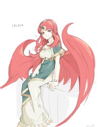 Rule 34 | absurdres, bracelet, celica (fire emblem), cosplay, dragon wings, dress, fire emblem, fire emblem echoes: shadows of valentia, green shirt, hand on ground, highres, horns, intelligent systems, jewelry, looking at viewer, mila (fire emblem), mila (fire emblem) (cosplay), nintendo, red eyes, red hair, saiykik, shirt, single horn, white background, white dress, wings