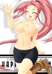 Rule 34 | 1girl, :d, bike shorts, blush, boots, bouncing breasts, breasts, collarbone, happy, hunter, hunter (ragnarok online), kinoshita ichi, large breasts, latex, legs, long hair, navel, nipples, open hand, open mouth, pink hair, ponytail, ragnarok online, shadow, smile, solo, standing, standing on one leg, thighs, topless, unaligned breasts, very long hair