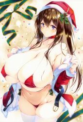 Rule 34 | 1girl, bikini, bow, breasts, brown hair, choker, cleavage, confetti, curvy, dot mouth, expressionless, green bow, green ribbon, hands up, hat, huge breasts, long hair, looking at viewer, marker (medium), nail polish, navel, original, pink nails, purple eyes, red bikini, red choker, ribbon, santa bikini, santa costume, santa hat, simple background, skindentation, solo, swimsuit, thick thighs, thighhighs, thighs, thingtng (sgma7424), traditional media, undressing, very long hair, white thighhighs