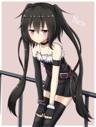 Rule 34 | 1girl, black dress, black gloves, black hair, black thighhighs, borrowed character, character name, cross, cross necklace, dress, fingerless gloves, gloves, highres, jewelry, long hair, necklace, note-chan, original, pleated dress, purple eyes, smile, solo, thighhighs, twintails, yakob labo