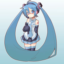 Rule 34 | 1girl, bespectacled, blue eyes, blue hair, detached sleeves, glasses, hatsune miku, headset, highres, long hair, matching hair/eyes, miiyon, necktie, skirt, solo, thighhighs, twintails, very long hair, vocaloid