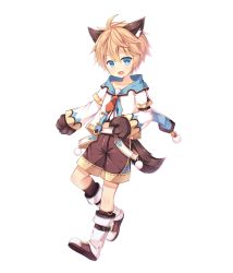 Rule 34 | 1boy, :d, ahoge, amemiya ruki, animal ears, animal hands, aura kingdom, blonde hair, blue eyes, boots, collarbone, fang, full body, hansel (aura kingdom), long sleeves, looking at viewer, male focus, open mouth, short hair, shorts, simple background, smile, solo, tail, transparent background, wolf ears, wolf paws, wolf tail