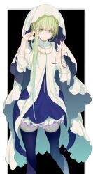 Rule 34 | 1girl, absurdres, blue skirt, blue thighhighs, cecilia (shiro seijo to kuro bokushi), cross, cross necklace, dress, feet out of frame, female focus, green eyes, green hair, highres, holding, holding jewelry, holding necklace, jewelry, long hair, long sleeves, necklace, oneline, shiro seijo to kuro bokushi, skindentation, skirt, solo, standing, thighhighs, very long hair, white dress, white veil
