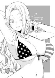 Rule 34 | 1girl, american flag bikini, american flag print, armpits, arms behind head, bikini, blush, breasts, commentary request, dated, flag print, grey background, greyscale, hand in own hair, hands in hair, highres, kichihachi, large breasts, long hair, monochrome, navel, one eye closed, original, parted lips, print bikini, smile, solo, star (symbol), star print, swimsuit, twitter username, two-tone background, upper body, white background