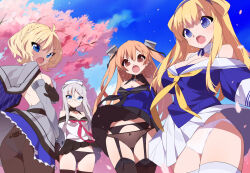 4girls bare_shoulders black_panties black_pantyhose black_skirt blonde_hair blue_eyes blue_sky breasts brown_hair cherry_blossoms cleavage clothes_lift colorado_(kancolle) commission cowboy_shot fletcher_(kancolle) garter_belt glasses grey_hair hat heywood_l._edwards_(kancolle) johnston_(kancolle) kaidou_zx kantai_collection large_breasts long_hair multiple_girls panties pantyhose petals pleated_skirt short_hair skeb_commission skirt skirt_lift sky underwear very_long_hair white_hat white_panties