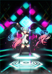 Rule 34 | 1girl, arms up, contrapposto, detached sleeves, gradient hair, green eyes, green hair, hakusai (tiahszld), hatsune miku, heart, highres, lens flare, long hair, looking at viewer, matching hair/eyes, multicolored hair, necktie, skirt, solo, standing, star (sky), thighhighs, twintails, very long hair, vocaloid