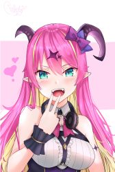 Rule 34 | 1girl, :d, asymmetrical horns, bare shoulders, blonde hair, blush, breasts, chest harness, demon horns, fangs, green eyes, hair between eyes, hair ornament, hand up, harness, headphones, headphones around neck, highres, hololive, horns, long hair, looking at viewer, mano aloe, multicolored hair, open mouth, pink hair, pointy ears, rihitoo0, sleeveless, smile, solo, two-tone hair, uneven horns, virtual youtuber