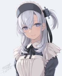 Rule 34 | 1girl, alternate costume, apron, artist name, black dress, blue eyes, breasts, dated, dress, enmaided, grey background, hair between eyes, kantai collection, lips, long hair, looking at viewer, maid, maid apron, maid headdress, medium breasts, one side up, rokuwata tomoe, sidelocks, silver hair, simple background, smile, solo, suzutsuki (kancolle), twitter username, upper body