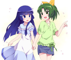 Rule 34 | 10s, 2girls, :d, aoki reika, blue dress, blue eyes, blue hair, blush, casual, collarbone, dress, green eyes, green hair, green shirt, hair ornament, hair ribbon, hairclip, hime cut, holding hands, long hair, midorikawa nao, multicolored clothes, multicolored dress, multiple girls, nemou, open mouth, petals, pointing, ponytail, precure, ribbon, shirt, short sleeves, skirt, smile, smile precure!, walking, white dress, yuri