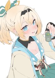 Rule 34 | 1girl, absurdres, aqua eyes, aqua nails, blonde hair, blush, breasts, chen yang yang, chest sarashi, choko (cup), cleavage, cup, drunk, eyes visible through hair, highres, holding, holding cup, hololive, holox, kazama iroha, lower teeth only, nail polish, parted lips, sarashi, simple background, teeth, virtual youtuber, white background