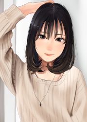Rule 34 | 1girl, arm up, black eyes, blush, brown cardigan, brown hair, cardigan, closed mouth, hand up, highres, jewelry, lips, lipstick, long sleeves, looking at viewer, makeup, medium hair, mole, mole under eye, necklace, original, saitou (lynx-shrike), smile, solo, standing