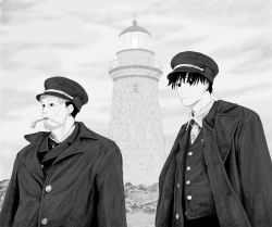 Rule 34 | 2boys, chainsaw man, cosplay, dd36051, ear piercing, earrings, greyscale, hat, highres, jewelry, kishibe (chainsaw man), lighthouse, mole, mole under mouth, monochrome, multiple boys, photo-referenced, piercing, smoking pipe, stitched face, stitches, the lighthouse, thomas howard, thomas howard (cosplay), thomas wake, thomas wake (cosplay), vest, yoshida hirofumi