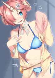 Rule 34 | 1girl, bandages, bikini, blue bikini, blue eyes, blush, breasts, cowboy shot, dated, double bun, fate/grand order, fate (series), flying sweatdrops, frankenstein&#039;s monster (fate), frankenstein&#039;s monster (swimsuit saber) (fate), frankenstein&#039;s monster (swimsuit saber) (first ascension) (fate), hair bun, hair ornament, hand on own chest, hands up, highres, holding, horns, looking at viewer, navel, nebusoku, open mouth, parted bangs, pink hair, short hair, sleeve over hand, small breasts, solo, swimsuit, teeth, twitter username