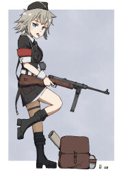 Rule 34 | 1girl, absurdres, armband, belt, black footwear, black hat, black jacket, black necktie, black socks, blonde hair, blue eyes, boots, border, breasts, brown bag, bullet, camera, camera around neck, commentary request, commission, finger on trigger, from side, garrison cap, girls&#039; frontline, grey background, gun, haldeco, hat, highres, holding, holding gun, holding weapon, jacket, knee boots, looking at viewer, medium breasts, military, military hat, military uniform, mouth hold, mp41, mp41 (girls&#039; frontline), necktie, pixiv commission, red armband, scroll tube, shell casing, shirt, short hair, simple background, skirt, socks, solo, standing, standing on one leg, submachine gun, thigh strap, uniform, weapon, white belt, white border, white shirt, white skirt, white wrist cuffs, wrist cuffs