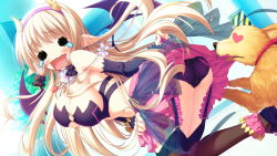 Rule 34 | 1girl, animal, blonde hair, breasts, cleavage, dog, game cg, garter straps, horns, julia lin road, long hair, magical marriage lunatics!!, o-ring, o-ring top, open mouth, panties, pantyshot, pointy ears, solo, thighhighs, underwear, upskirt, yamakaze ran