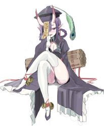 Rule 34 | 1girl, absurdres, ankle ribbon, bell, black dress, black footwear, blush, breasts, china dress, chinese clothes, cleavage cutout, clothing cutout, crossed legs, dress, eyeliner, fangs, fate/grand order, fate (series), freng, hair rings, hat, heroic spirit festival outfit, highres, horns, jiangshi, jingle bell, leg ribbon, legs, looking at viewer, makeup, ofuda, oni, open mouth, peacock feathers, pointy ears, purple eyes, purple hair, qingdai guanmao, red ribbon, ribbon, short eyebrows, short hair, shuten douji (fate), shuten douji (festival outfit) (fate), sitting, skin-covered horns, thighhighs, white thighhighs, wide sleeves