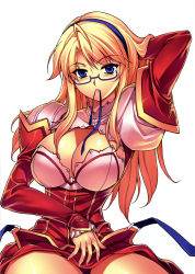 Rule 34 | 1girl, absurdres, blonde hair, blue eyes, blush, bow, breasts, cleavage, cleavage cutout, clothing cutout, detached sleeves, female focus, freezing (series), glasses, hairband, highres, kim kwang hyun, lace, lace-trimmed shirt, lace trim, large breasts, long hair, long skirt, long sleeves, looking at viewer, mouth hold, no bra, official art, satellizer el bridget, scan, semi-rimless eyewear, shirt, skirt, sleeves past wrists, solo, under-rim eyewear