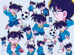 Rule 34 | 1boy, bleu calire, blue eyes, blue suit, bow, brown hair, child, commentary, commentary request, edogawa conan, formal, glasses, highres, male focus, meitantei conan, one eye closed, red footwear, shorts, simple background, solo, suit, yellow bow