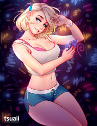 Rule 34 | 1girl, audi (tsuaii), blonde hair, blue eyes, bra, breasts, cellphone, commentary, english commentary, highres, holding, holding phone, looking at viewer, medium breasts, midriff, navel, original, phone, pink bra, short hair, shorts, smartphone, smile, solo, tank top, tsuaii, underwear