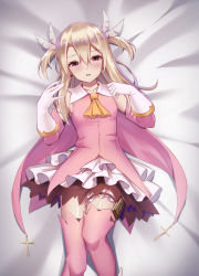 Rule 34 | 1girl, albino, blush, card holster, dress, fate/kaleid liner prisma illya, fate (series), frilled dress, frills, hair ornament, highres, holster, illyasviel von einzbern, long hair, looking at viewer, lying, magical girl, on back, on bed, open mouth, prisma illya, red eyes, shoron, short dress, sleeveless, sleeveless dress, solo, thigh holster, thigh strap, white hair