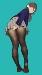 Rule 34 | 1girl, aqua background, black pantyhose, blazer, blue jacket, brown eyes, brown hair, closed mouth, commentary request, covering ass, covering privates, from behind, grey skirt, highres, jacket, long sleeves, looking at viewer, looking back, no shoes, original, pantyhose, pleated skirt, school uniform, simple background, skirt, solo, standing, thighs, yomu (sgt epper)