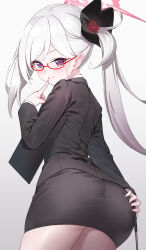 Rule 34 | 1girl, absurdres, blue archive, glasses, highres, long hair, looking at viewer, mutsuki (blue archive), office lady, pizza (pizzania company), purple eyes, skirt, smile, solo, white hair