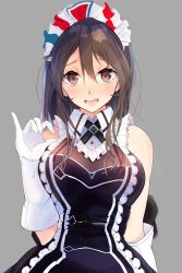 Rule 34 | 1girl, :d, apron, ashigara (kancolle), bare shoulders, blush, breasts, brown eyes, brown hair, collared dress, dress, embarrassed, fangs, frills, gloves, grey background, hair between eyes, hair ornament, hairclip, kantai collection, long hair, looking at viewer, maid, maid headdress, open mouth, sidelocks, simple background, smile, solo, tebi (tbd11), wavy hair, white gloves