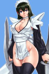 Rule 34 | 1girl, black hair, blade, blue eyes, breasts, butterfly swords, cleavage, curvy, flipped hair, highres, iroha (samurai spirits), large breasts, looking at viewer, maid, maid headdress, maid leotard, samurai spirits, shinonome (game hakkutsu tai), simple background, smile, solo, standing, thick thighs, thighhighs, thighs, unconventional maid