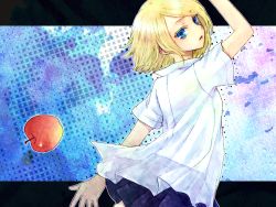Rule 34 | 1girl, a-gatha, apple, arm up, back, bad id, bad pixiv id, blonde hair, blue eyes, female focus, food, from behind, fruit, kagamine rin, looking back, open mouth, out of eden (vocaloid), see-through, shirt, short hair, skirt, sky, solo, traditional media, vocaloid, white shirt